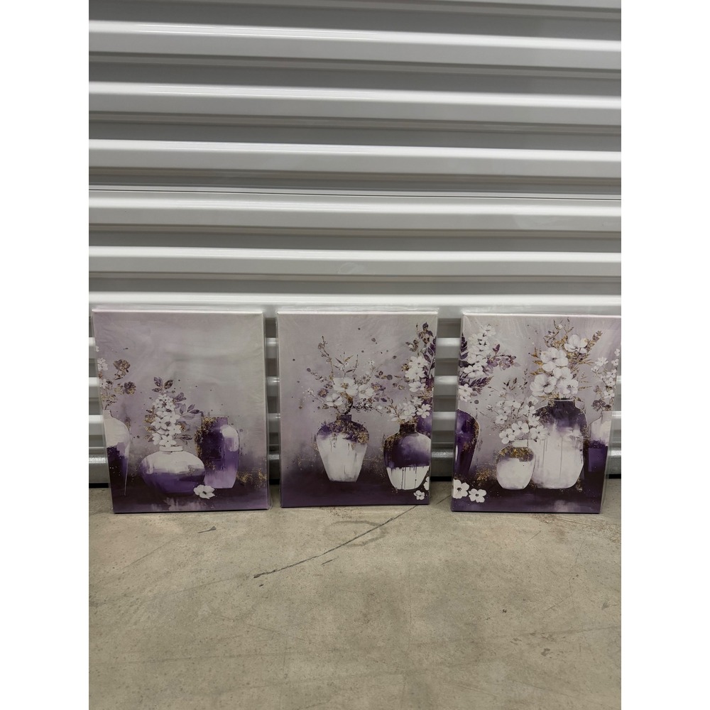 Purple Floral Canvas Wall Art Set 3 Piece White Flower Gold Accents 12x16 New